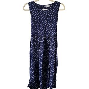 VINTAGE Navy Blue Floral Sleeveless Midi Dress with tie XS/S